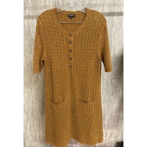 Chanel Womens Mustard Knit Short-Sleeve Dress W/ Buttons & Pockets Made In Italy
